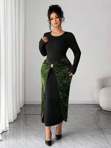 Elenzga Elegant Colorblock Twist Knot Bodycon Dress, Black & Green Patchwork, Metal Buckle Decor, Party Dress For Women, Spring/Autumn/Winter - Multicolor - View 7