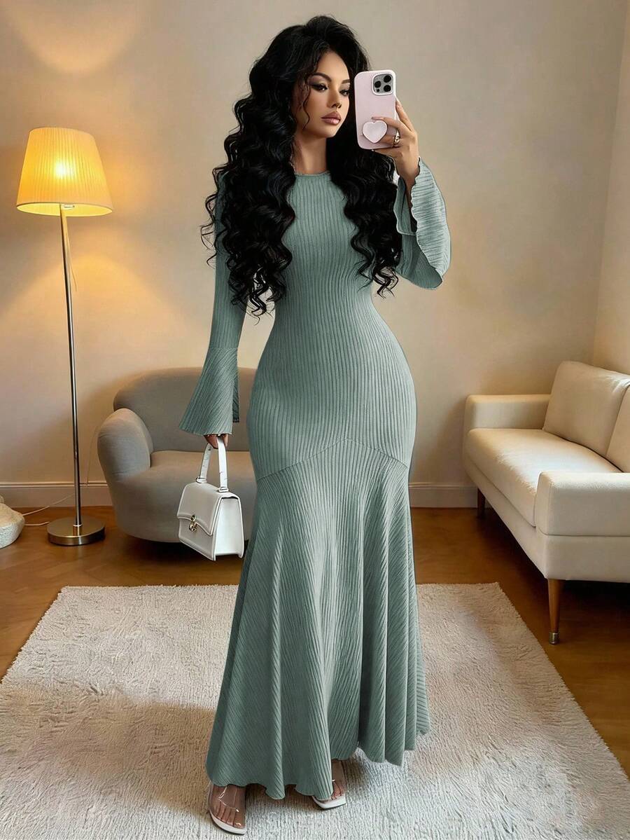 Elenzga 女式优雅弹力修身鱼尾下摆荷叶边袖连衣裙，秋冬 - 灰色 - 查看 1