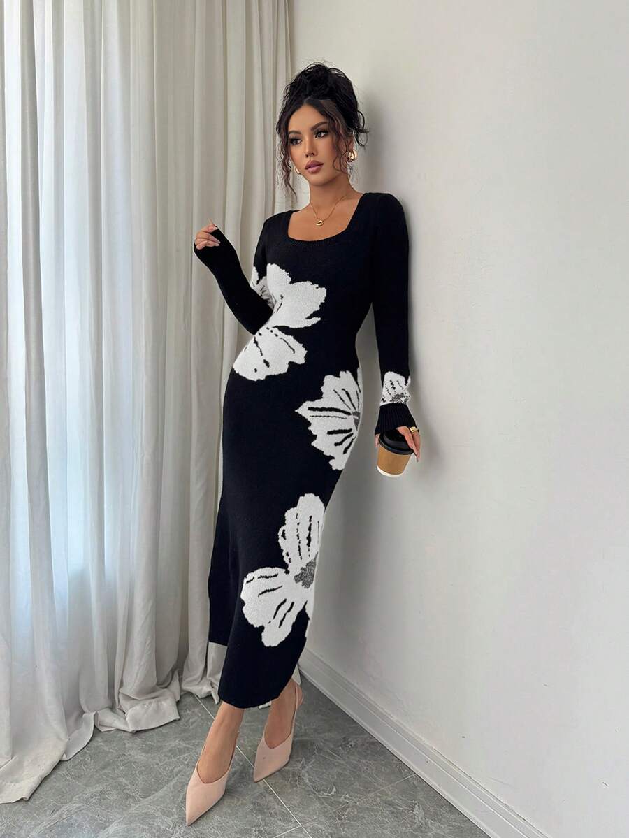 Elenzga Square Neck Jacquard Knit Bodycon Waist Sweater Dress - Black and White - View 1