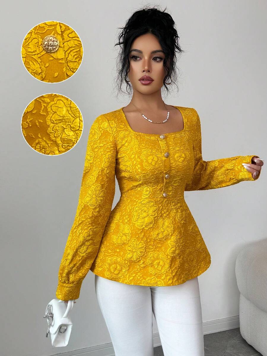 Rafferiza 简约提花编织黄色长袖衬衫，通勤、约会、办公室、教堂、返校、教师等场合皆宜 - 黃色 - 查看 1