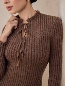 Graceveil Coffee Color Fluffy Knit High Stretch Party & Casual Long Dress For Women, Autumn/Winter - Coffee - View 6