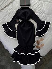 INAWLY Váy tay phồng xếp nếp màu tương phản dành cho nữ - màu đen - Xem 1