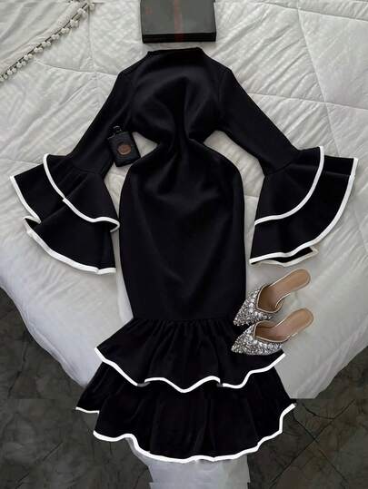 INAWLY Vestido de mujer con mangas abullonadas exageradas y color de contraste con volantes