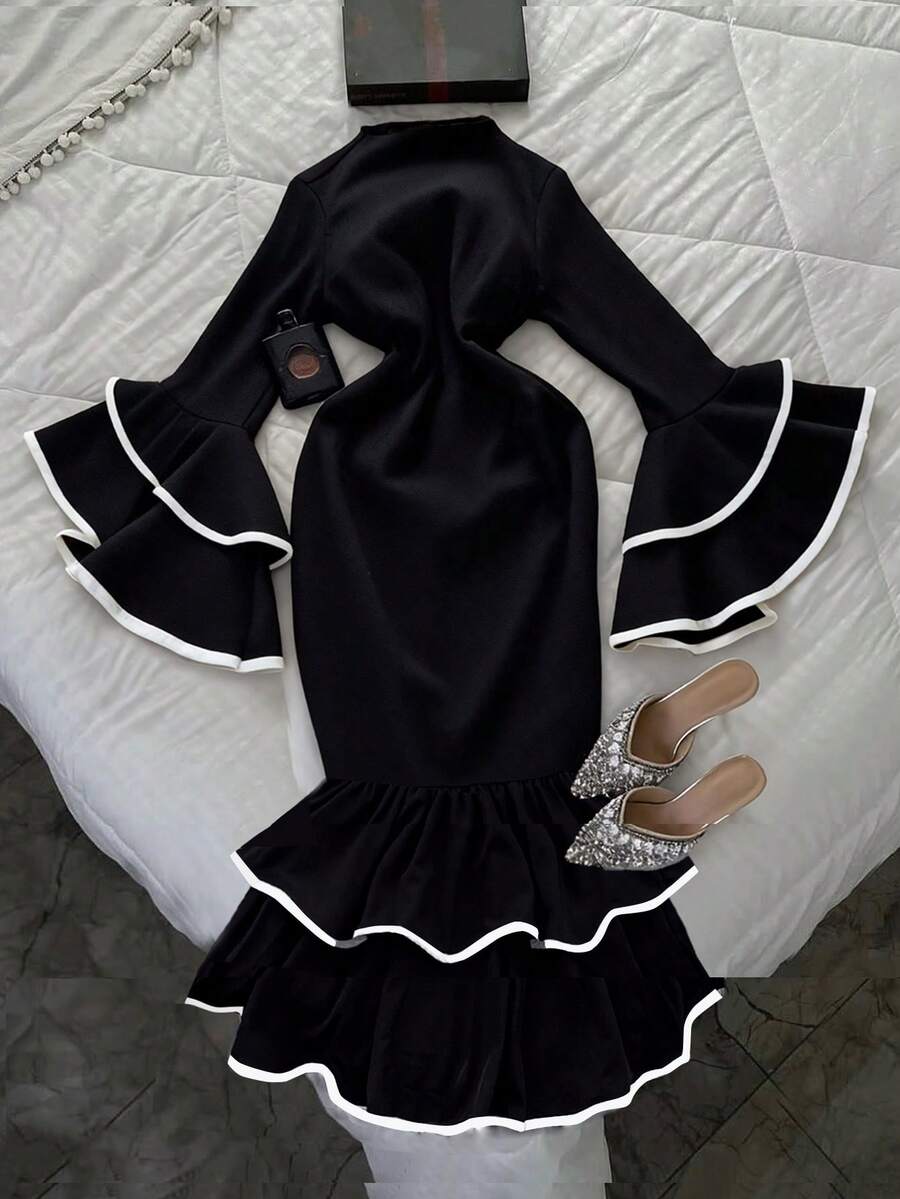 INAWLY Váy tay phồng xếp nếp màu tương phản dành cho nữ - màu đen - Xem 1