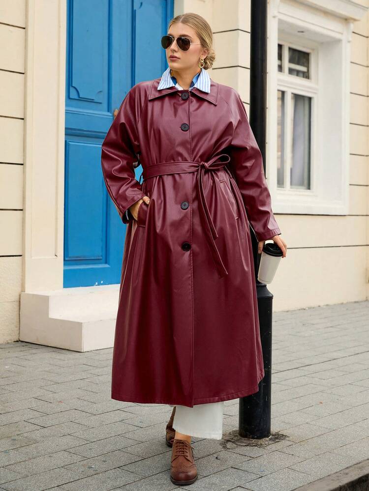 Plus Size Solid Color Front Button Belted Pocket Casual Long Sleeve Jacket/Winter Women's Winter Coat  Rain Coat For Women