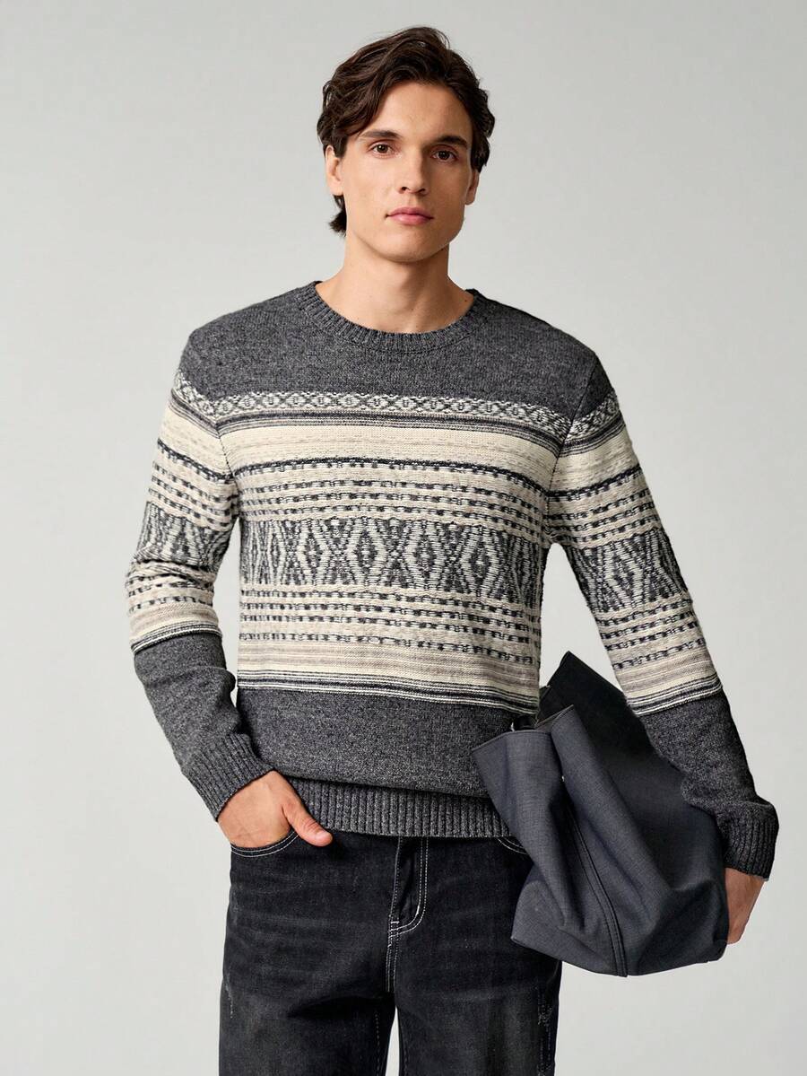 RONVEXI 男士休闲几何图案圆领宽松针织毛衣，秋冬 - 彩色 - 查看 1