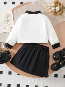 2pcs/Set Girls' Colorblock Short Blazer Jacket + Pleated Mini Skirt Outfit - Black and White - View 2