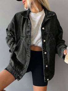 ZIRRA Women's Casual Loose Fit Drop Shoulder Long Sleeve Single-Breasted Denim Jacket, Autumn