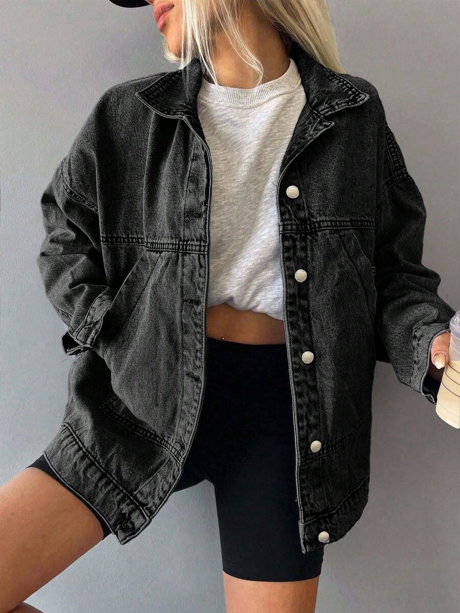 ZIRRA Women's Casual Loose Fit Drop Shoulder Long Sleeve Single-Breasted Denim Jacket, Autumn