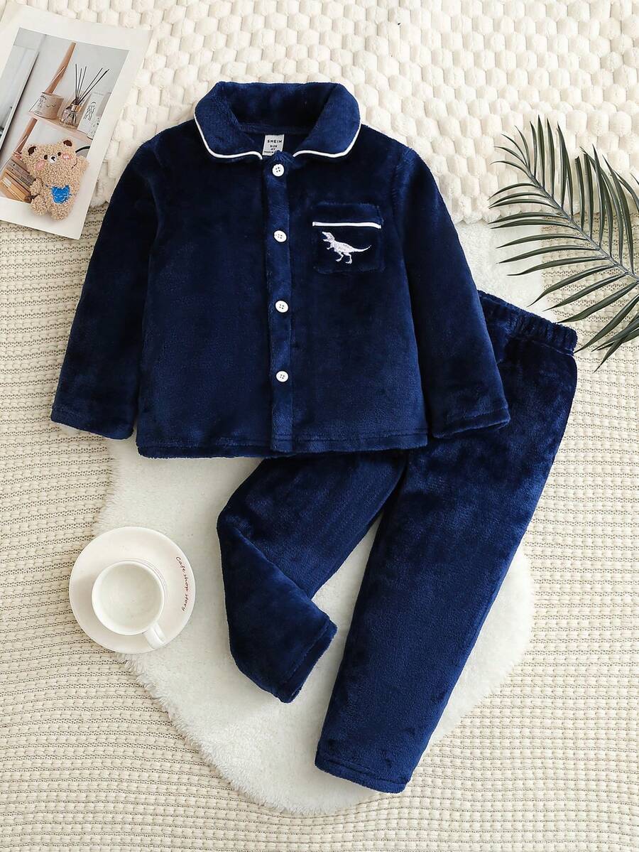 2件套纯色毛绒休闲舒适男童长袖上衣和裤子睡衣套装 - 藏蓝色 - 查看 1