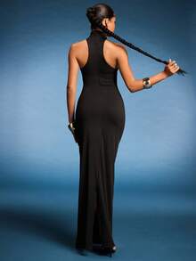 Normani 女士优雅性感金属扣装饰镂空修身黑色针织弹力连衣裙派对礼服 - 黑色 - 查看 3