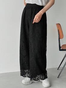 FRIFUL Damen einfarbige Hose mit elastischem Bund, Spitzenstoff, gerades Bein, asymmetrischer Saum, locker, vielseitig, Herbst/Winter - Schwarz - Übersicht 3