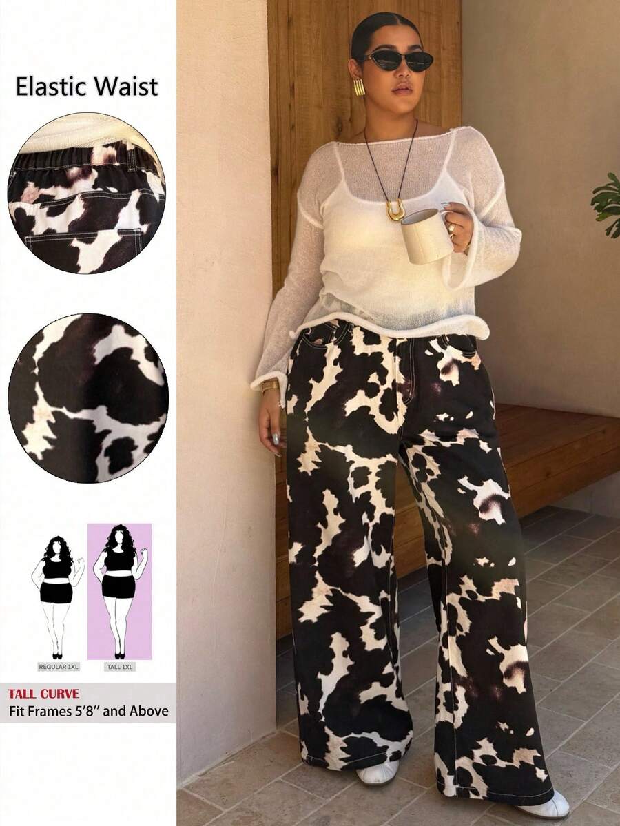 SHEIN Tall CURVE 大码秋冬万圣节圣诞节新年感恩节通勤度假Y2K可爱街头风科技生日机场派对婚礼全印花休闲百搭阔腿牛仔裤时尚女士奶牛纹牛仔裤高腰阔腿长裤，打造大胆时尚造型