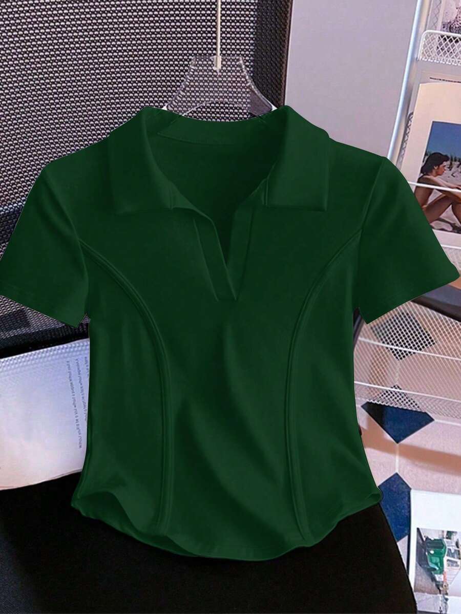 SHEIN 女式纯色 Polo 领短袖休闲百搭 T 恤 - 綠色 - 查看 1