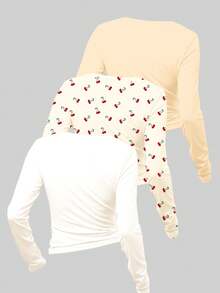 3 件复古迷你樱桃海滩风图案，多巴胺配色方案，奶油黄，奶油白，青少年女孩修身休闲圆领长袖短款 T 恤，适合所有季节，适合返校、音乐节、户外野餐、郊游、街头风格、家居、校园 - 彩色 - 查看 2