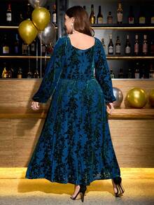 Gownix Váy maxi chữ A dài cổ trái tim dệt jacquard thanh lịch cho nữ cỡ lớn, váy dài tay, váy duyên dáng cho phụ nữ - màu xanh lá - Xem 3