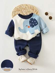 Cozy Pixies 2pcs Baby Boy Cartoon Elephant Pattern Contrast Color Hooded Sweatshirt And Elastic Waist Pants Thickened Fleece Outfit Set - Baby Blue - View 1