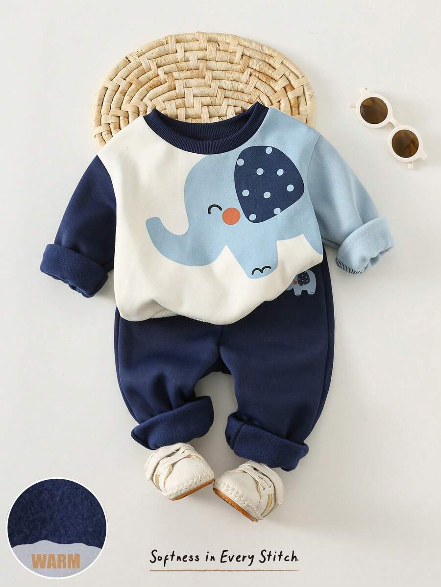 Cozy Pixies 2pcs Baby Boy Cartoon Elephant Pattern Contrast Color Hooded Sweatshirt And Elastic Waist Pants Thickened Fleece Outfit Set - Baby Blue - View 1