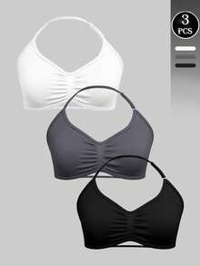 Easithlete 3pcs Women's Sexy Halter Sports Bras, Black, White, Dark Grey, Adjustable Straps, Yoga, Fitness, Casual - Multicolor - View 1