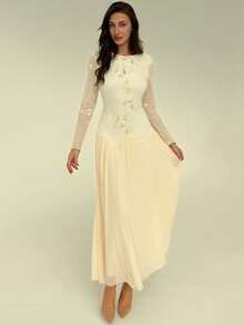 Aloruh Women's Solid Color Embroidered Mesh Patchwork Elegant Long Sleeve Dress - Apricot - View 4