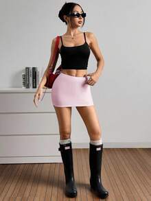 SHEIN EZwear Pink And Black 2 Packs Bodycon Mini Skirts For Women Casual Plain Knitted With Shorts Lining - Pink - View 6