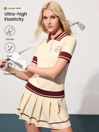 CourtClass Women's Colorblock Ribbed Polo Collar Top & Pleated Skort 2 Pieces Set, Sporty Casual Outfit For Tennis, Golf, Daily Wear Women Polo Tennis Skirt Sets Golf Tops For Women Golf Skirt Golf Tops For Woman Women S Polo Tennis Dress