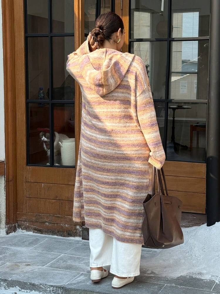 Dazy Plus Plus Size Women Colorful Striped Loose Long Sleeve Cardigan Sweater, Casual Outerwear For Autumn/Winter