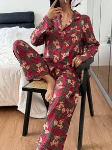 Bear Plaid Print Pajama Clothes Set Teddy Bear Pajama Clothes Set Pajama Clothes Sets Winter Plaid Pajama Clothes Set Tartan Pajama Clothes Set Pajama Clothes Sets For Women - Multicolor - View 3