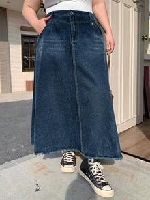 Dazy Plus 水洗猫须毛边A字长款牛仔半身裙，四季皆宜 - 中等水洗藍 - 查看 5