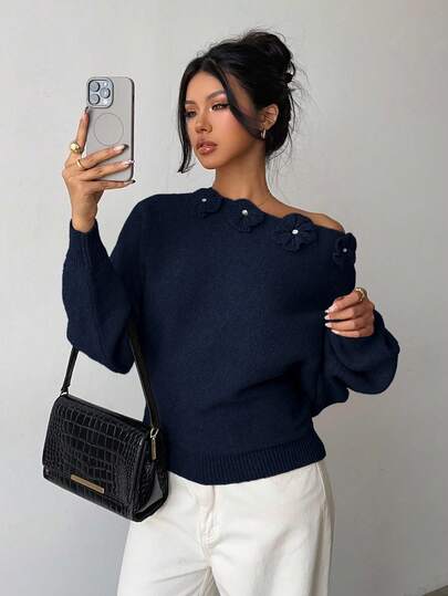 Elenzga Elegant blommig strassdekoration med asymmetrisk axel och enfärgad tröja för kvinnor