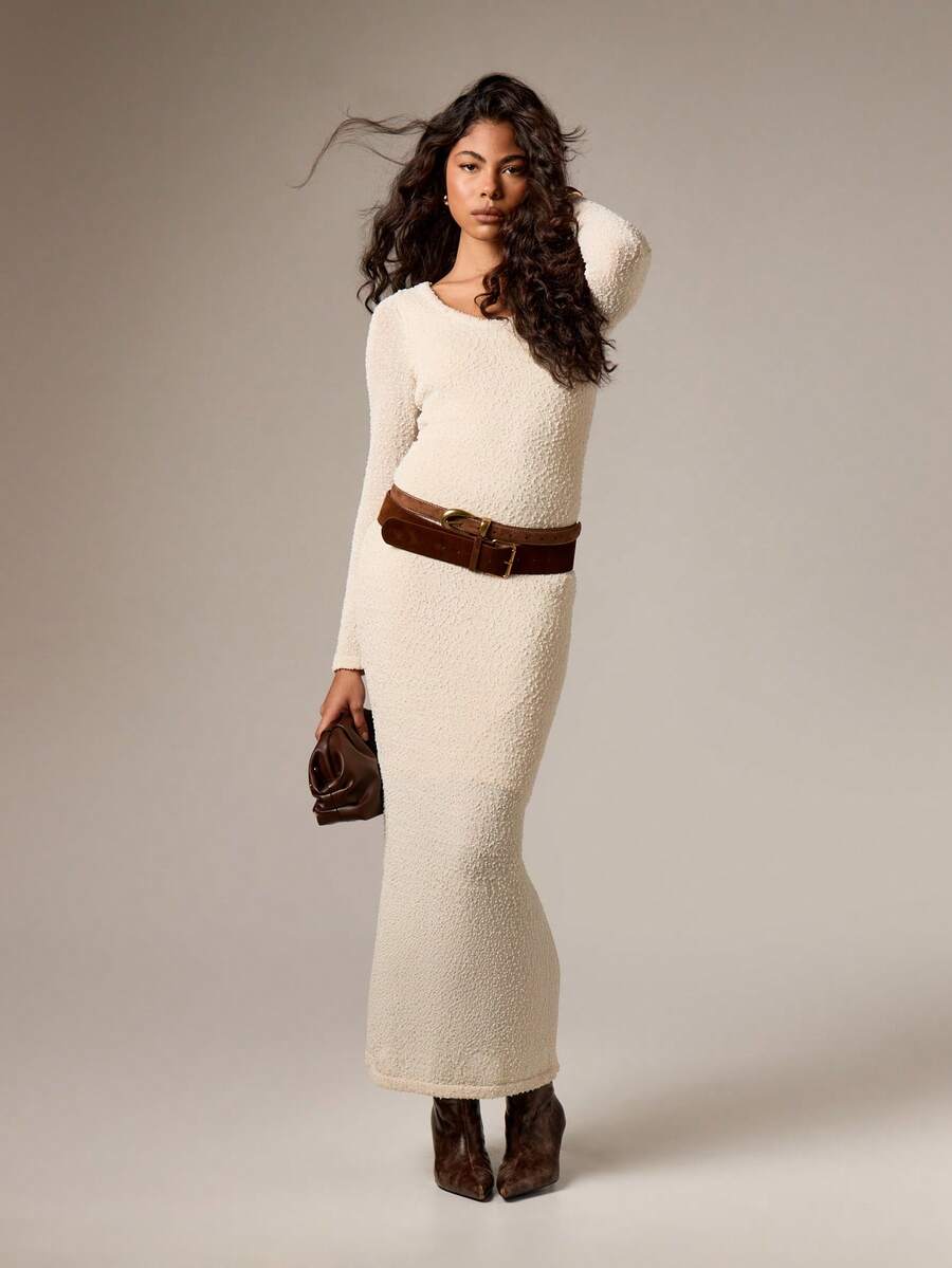 AiiRZ Chunky Knit Maxi Dress Long Sleeve Bodycon Scoop Neck Winter Sweater Dress,XS