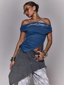 MUSERA 印花不对称露肩上衣 & 条纹铆钉短款上衣 冬季外出日常夜游休闲酷炫街头风 - 彩色 - 查看 1