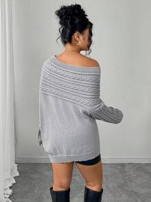 Elenzga Plus Size Women's Twist Rope Solid Color Off-Shoulder Elegant Pullover Sweater, Autumn/Winter - Grey - View 2