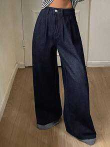 DAZY Women's Autumn Fold Pleated Solid Color Pocket Wide Leg Casual Jeans