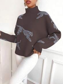 SHEIN Clasi Women's Leopard Pattern Loose Fit Dropped Shoulder Long Sleeve Turtleneck Sweater, Casual For Autumn/Winter - Brown - View 6