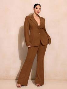 SHEIN SXY Plus Size Women Business Casual Solid Color Suede Blazer Jacket And Flared Suit Pants Set In Fall/Winter - Brown - View 8