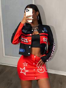 Slaydiva 2025 Winter, New Style, New Year, Valentine's Day, Party, Evening Gathering, Date, Gathering, Birthday Party, Preppy Style, Student Wear, Everyday Outing, Basic Versatile, Casual, Cruise Travel, Influencer Hot Style, Elegant, Commuter, Business Casual, Sexy Club, Y2K, Punk Racing, Girly Cool Motorcycle Style, Small Stand Collar Long Sleeve Letter Print Jacket + Tank Top + Mini Skirt, Winter Set, Christmas Set, New Year Set, Women's Three-Piece Set