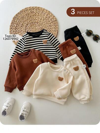 3件套新生儿男童/女童可爱休闲针织卡通图案松紧腰裤