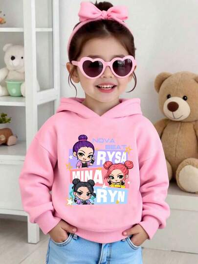Sudadera con capucha de manga larga cómoda con estampado de patrones dulces de dibujos animados, anime y K-pop, adecuada para otoño/invierno, para niñas jóvenes de estilo casual y lindo