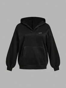 SHEIN EZwear 休闲简约日常通勤百搭黑色刺绣Logo宽松长袖卫衣，带口袋，舒适耐穿，适合秋冬季节穿着。 - 黑色 - 查看 4