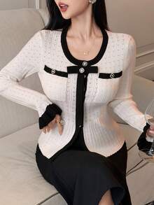 DAZY Women's Elegant Contrast Color Pocket Frill Trim Cardigan, Autumn - Beige - View 4