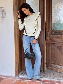SHEIN Frenchy Women's Simple Contrast Color Trim Collar Ruffle Hem Sweater Winter Casual - Multicolor - View 5