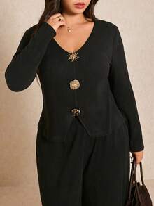 Elaquor Conjunto de top de manga larga con cuello en V y botones y pantalones de unicolor en talla grande - Negro - Ver 8