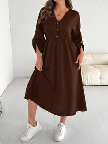 SHEIN Essnce Plus Size Women's Spring And Autumn Fashion Casual Loose Comfortable Daily V-Neck Textured Fabric Waist Black Long Sleeve Mid-Length Dress With Pockets,Fall Outfits,Church Clothes For Women - Coffee Brown - View 4