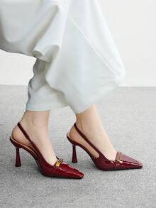 CUCCOO BIZCHIC Shiny Burgundy Color Square Toe Slip-On High Heel Pumps, Suitable For Commuting, Dating, Gatherings, Festivals And Parties - Burgundy - View 5