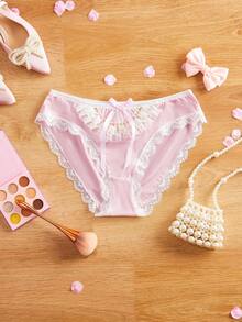 SHEIN 1pc Lace Bib & Matching Pink Panty Set For Teens - Pink - View 3