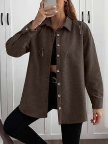 SHEIN Cottnline Solid Color , Rhinestone Details, Over Shirt Jacket - Brown - View 3