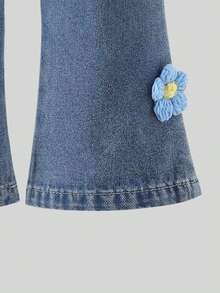 SHEIN Baby Girl Outdoor Rustic Denim Patchwork 2 Pieces Set, Sweet Denim T-Shirt, Spring/Autumn - Blue - View 7