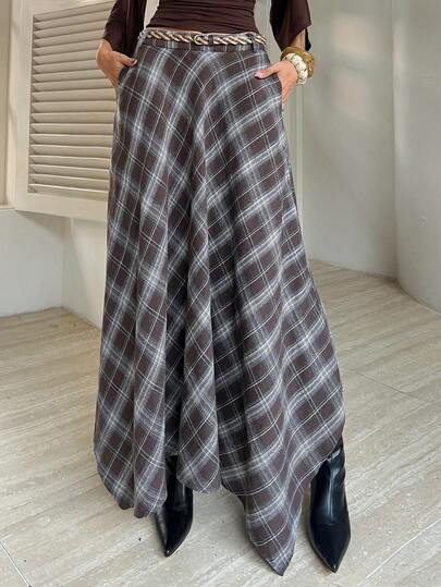 DAZY Women's Plaid Print Pocket Asymmetric Hem Casual Versatile Skirt
