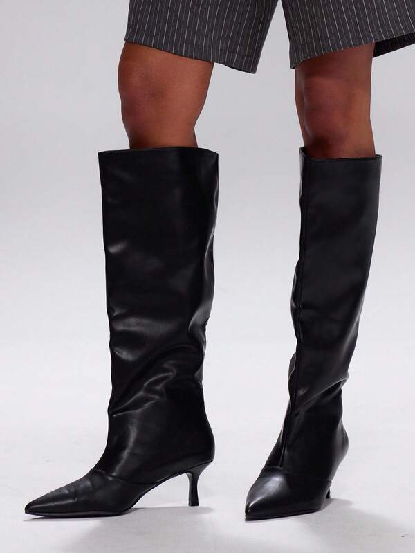 MUSERA Botas altas hasta el muslo de punta fina para mujer, botas de tacón alto delgado y de slip-on de moda